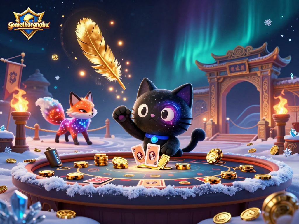 Engage with gamethuongnohu in this vibrant cosmic casino scene featuring a black hole cat and a nebula fox.