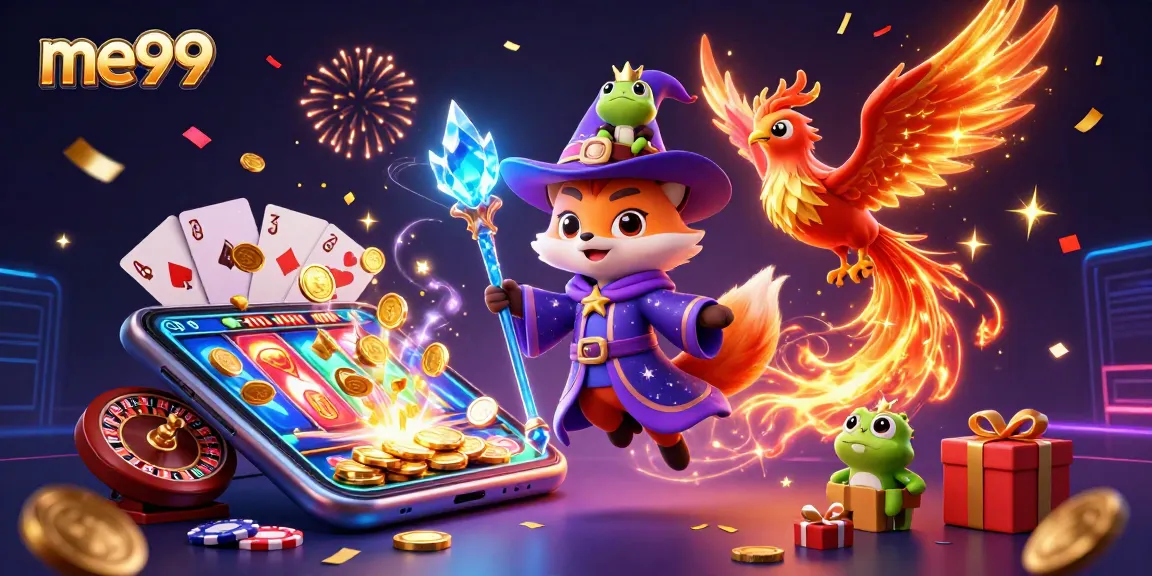 Experience exhilarating gaming moments at me99 with a stylish 3D illustration of wizards and fun elements.