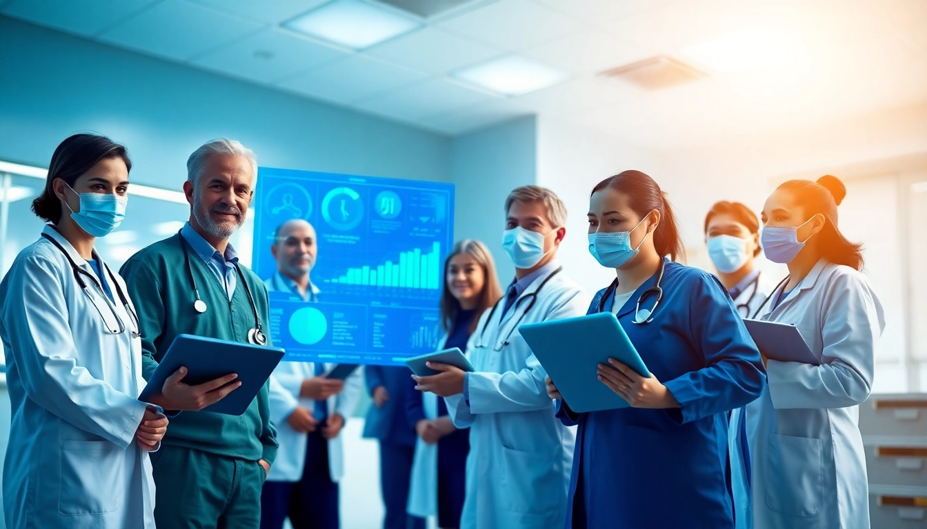 Showcasing AI in healthcare, doctors engage with technology for improved patient outcomes.