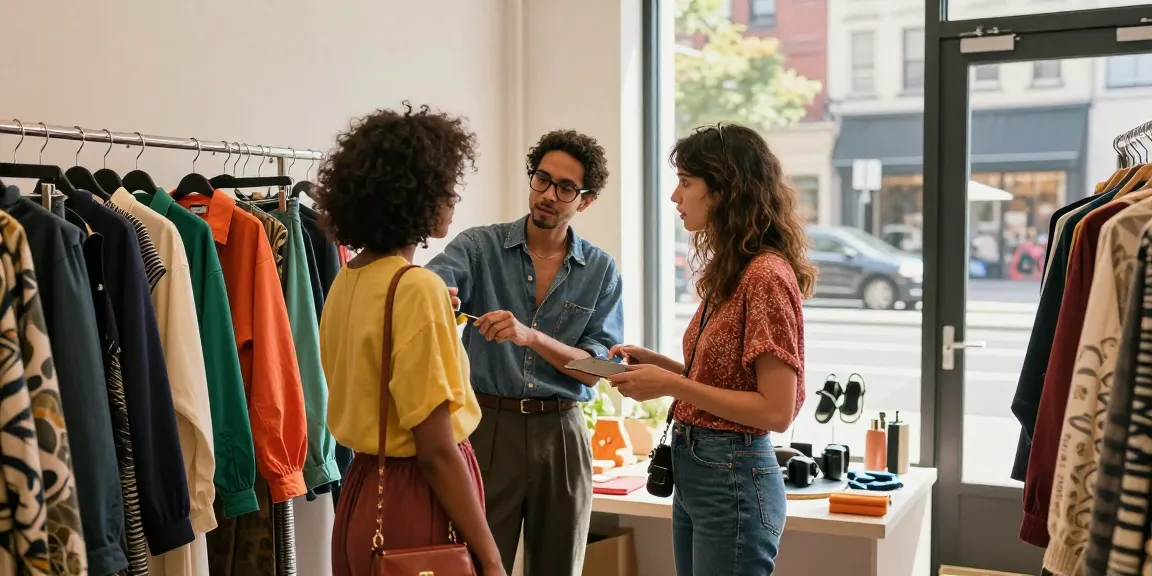 Consulente d'immagine mentre aiuta un cliente a scegliere abbigliamento colorato in un vivace ambiente urbano.