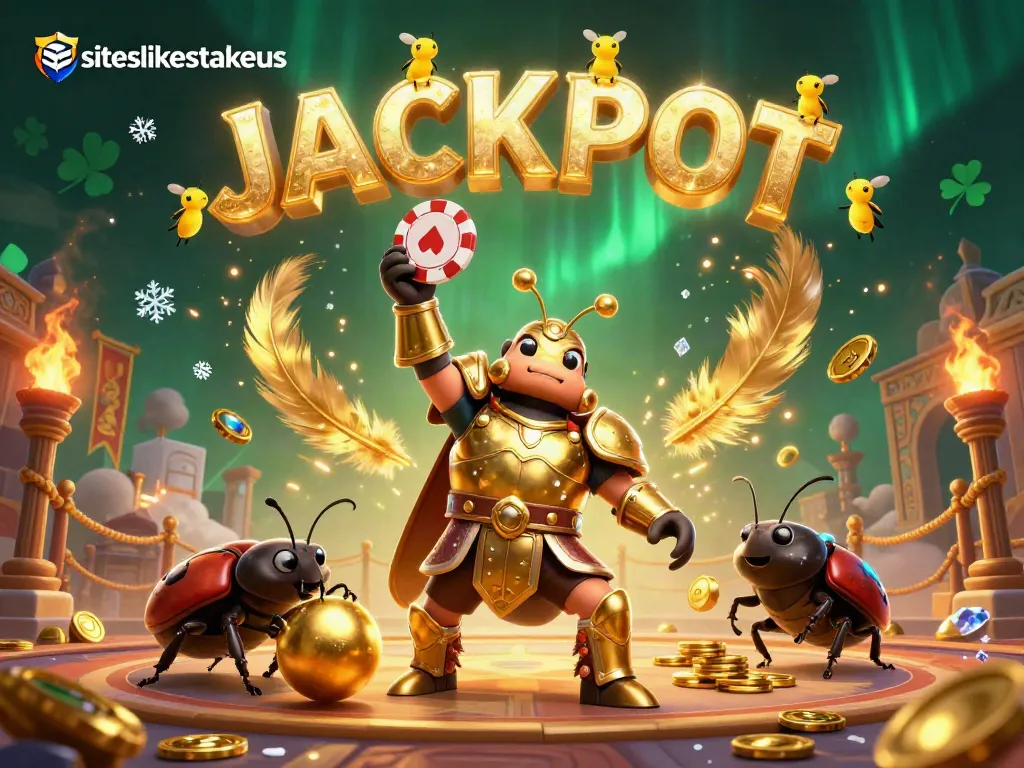 Engage with siteslikestakeus in a vibrant 3D gaming celebration featuring beetles, poker chips, and jackpot lights.
