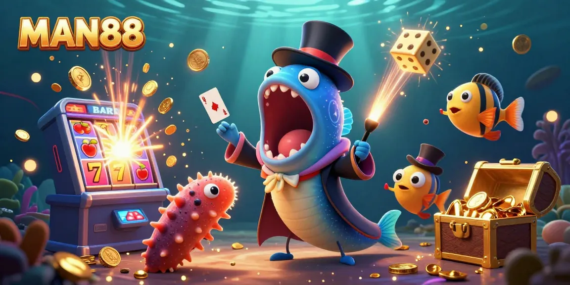 Experience the excitement of MAN88 with vibrant casino magic in a colorful underwater scene.