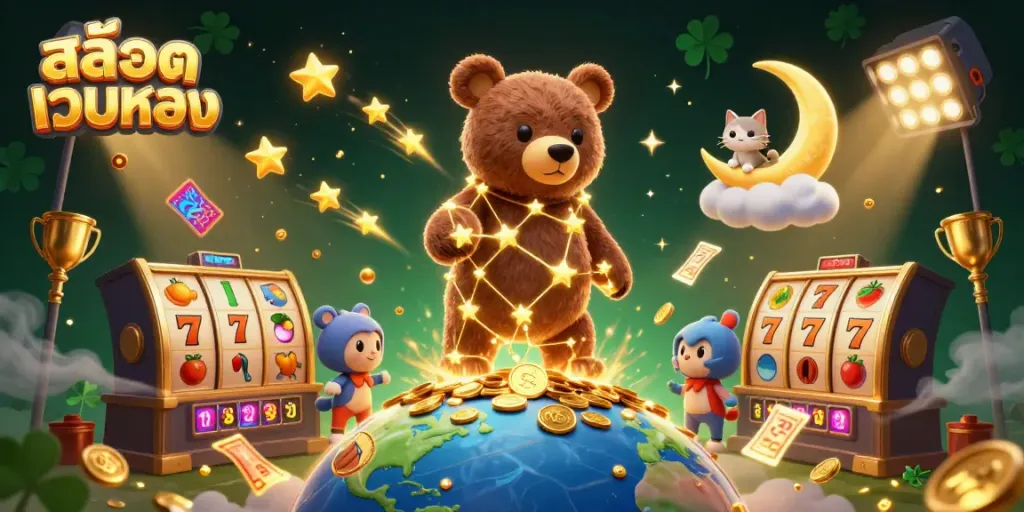 Experience high-energy gameplay in สล็อตเว็บตรง with vibrant slot reels and golden stars.