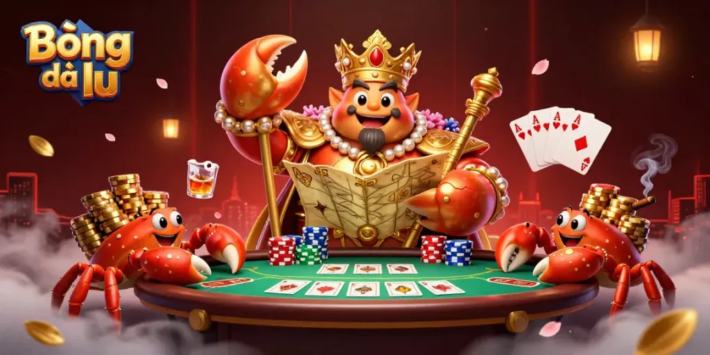 Bóng đá lu showcases a golden crab emperor in a thrilling gambling scene filled with poker elements and vibrant energy.