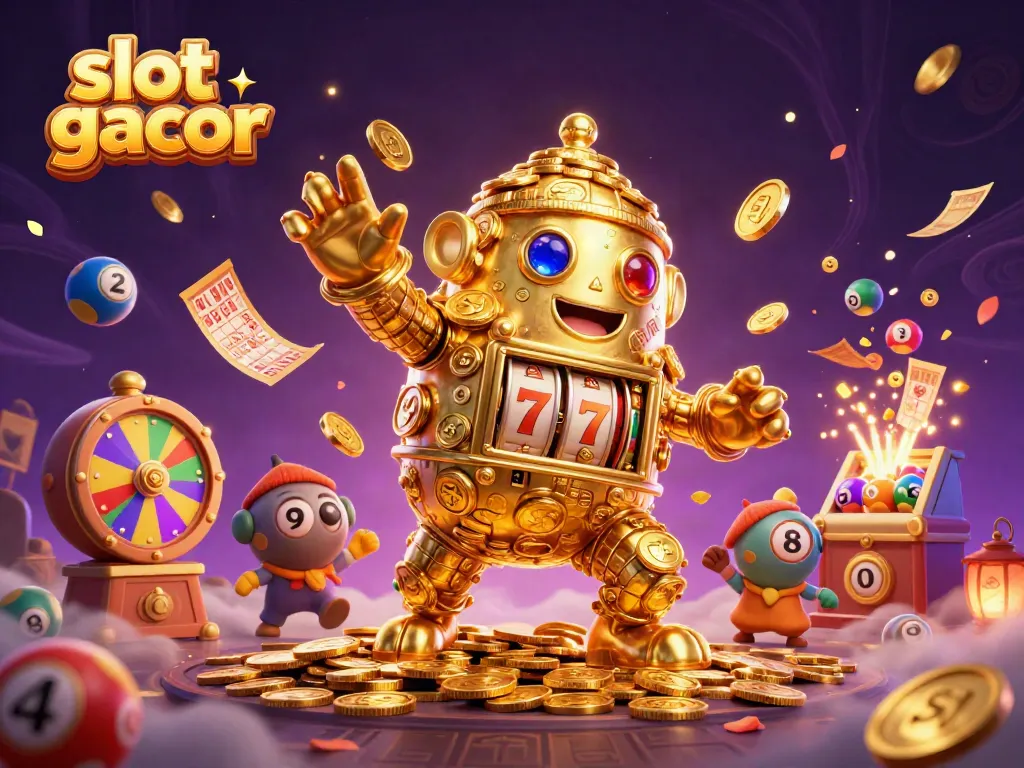 Engage with slot gacor through a vibrant 3D casino scene featuring a golden golem and dynamic gaming elements.
