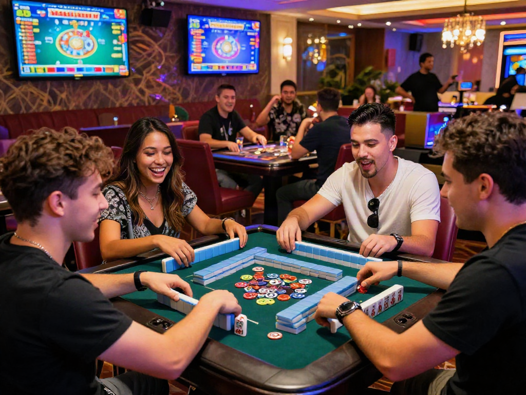 Engaged players enjoying Slot MAHJONGJP88 at a vibrant casino table.