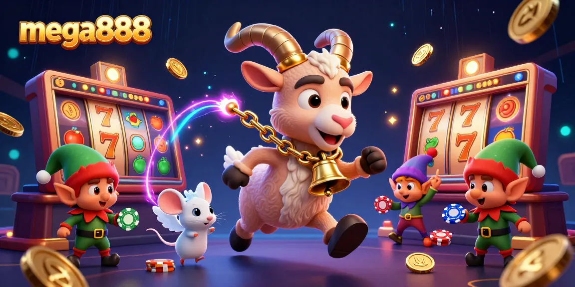 Experience mega888's immersive gaming with festive characters in a dynamic casino scene.