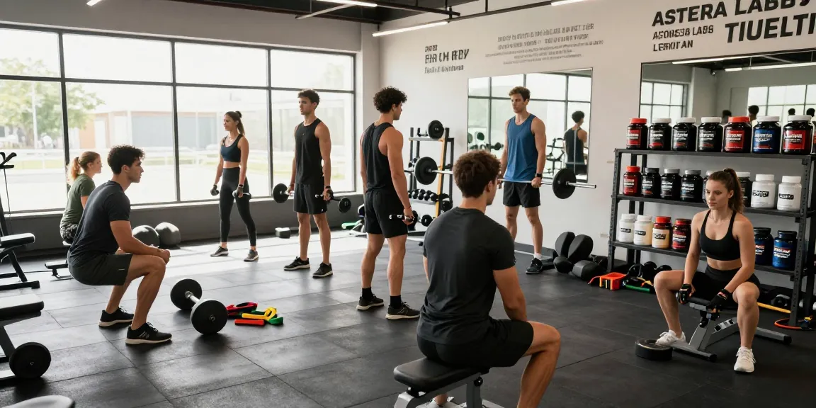 Energetic gym scene showcasing Astera Shop products and fitness enthusiasts training.