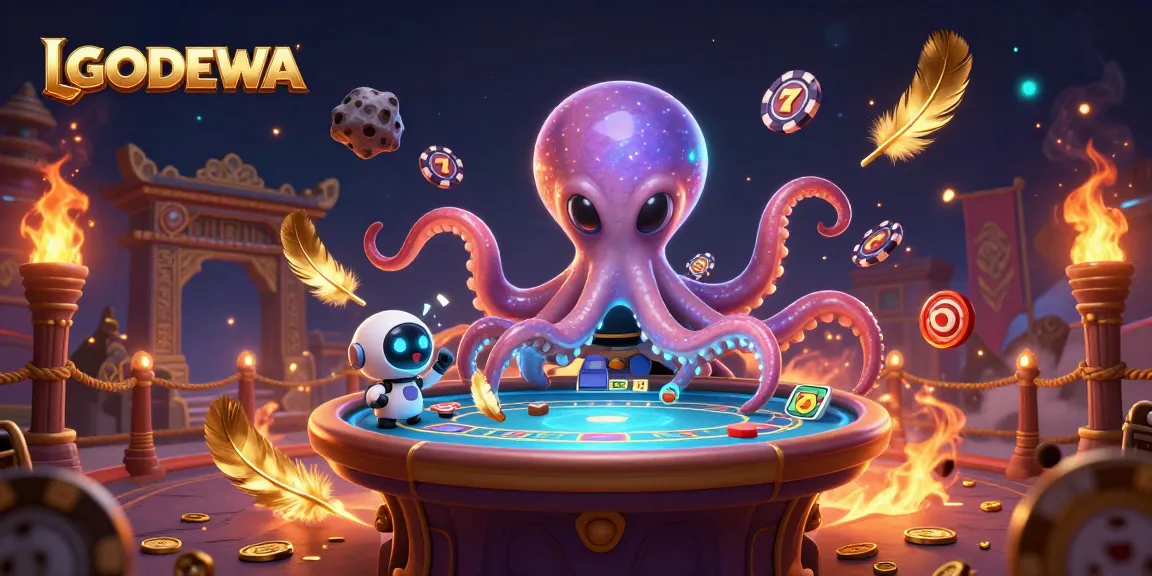 Experience the excitement of LGODEWA with an alien octopus mastering slot gameplay at a holographic table.
