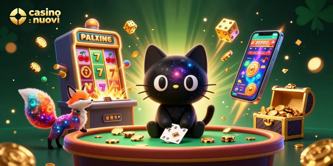 Cattura l'attenzione giocando a casino online nuovi con un'illustrazione vivace di un gatto e una volpe galattici mentre attraggono gettoni d'oro.