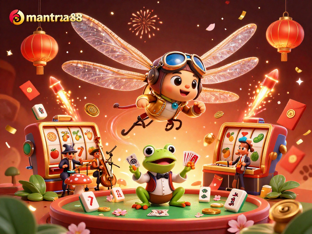 Experience thrilling gaming with mantra88, featuring vibrant scenes of slot machines, a frog croupier, and musicians.