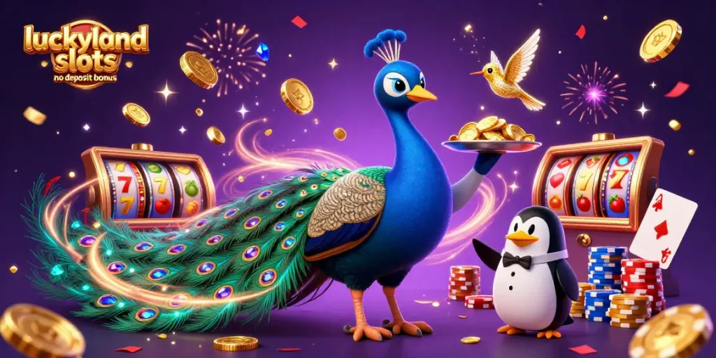 Claim your luckyland slots no deposit bonus with vibrant gold coins, slot reels, and winners celebrating.