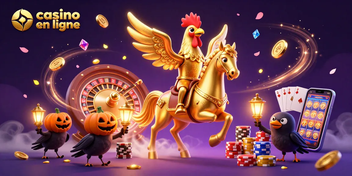 Illustration spectaculaire de casino en ligne avec un coq doré et des éléments de jeu.