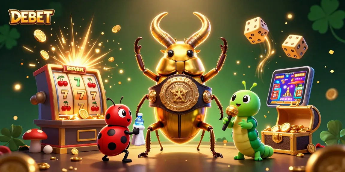 Experience the excitement of DEBET casino games with a vibrant 3D illustration of animated characters celebrating wins.