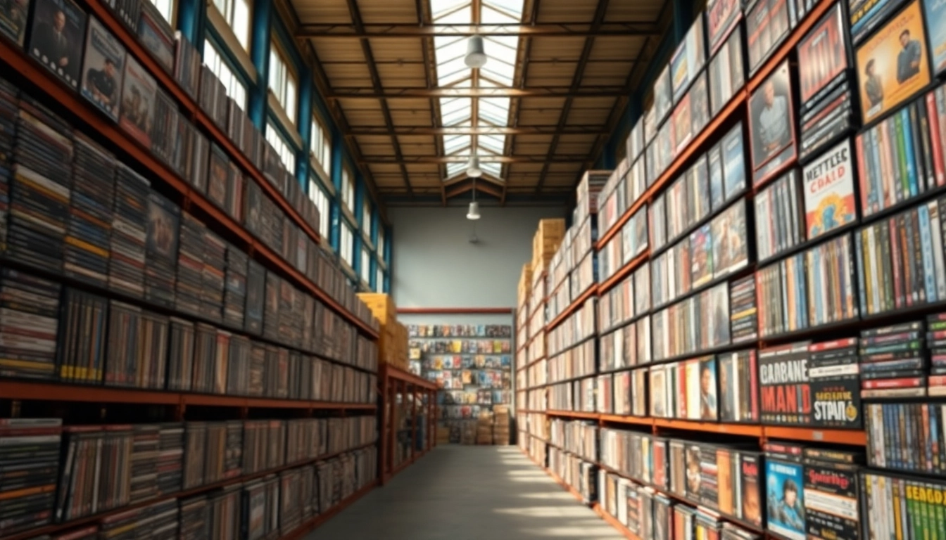 DVD distributor showcasing a variety of DVD covers in a vibrant warehouse setting.