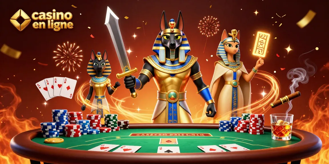 Jouez au casino en ligne avec Anubis et Bastet, entourés de jetons et cartes de poker.