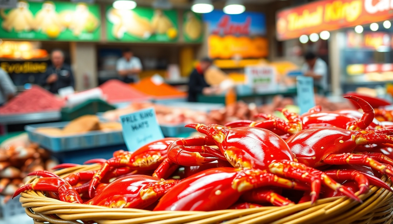 Showcase of live king crab wholesale in a lively seafood market with fresh crabs on display.