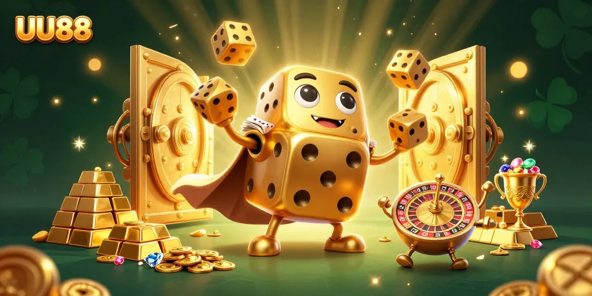 Bet on UU88 with excitement as golden dice juggle amidst dazzling casino treasures.
