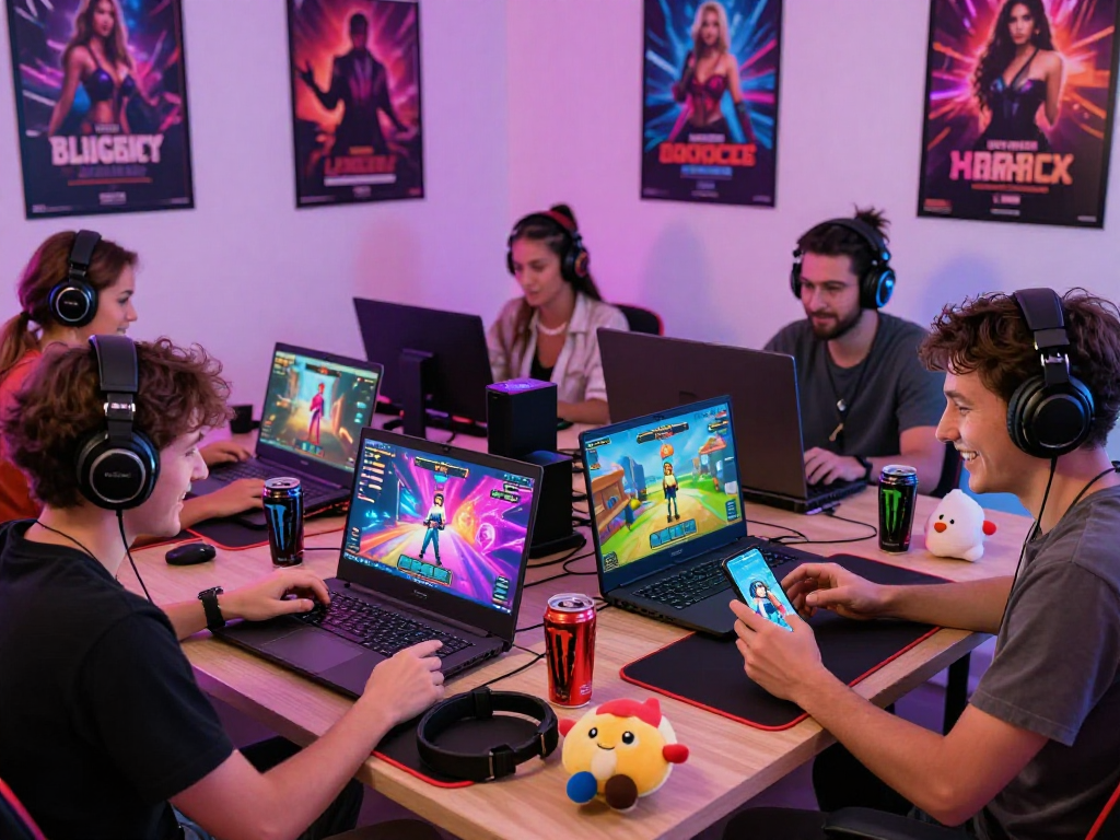 Enthusiastic gamers enjoying a porn game on various devices, with colorful graphics and a lively atmosphere.