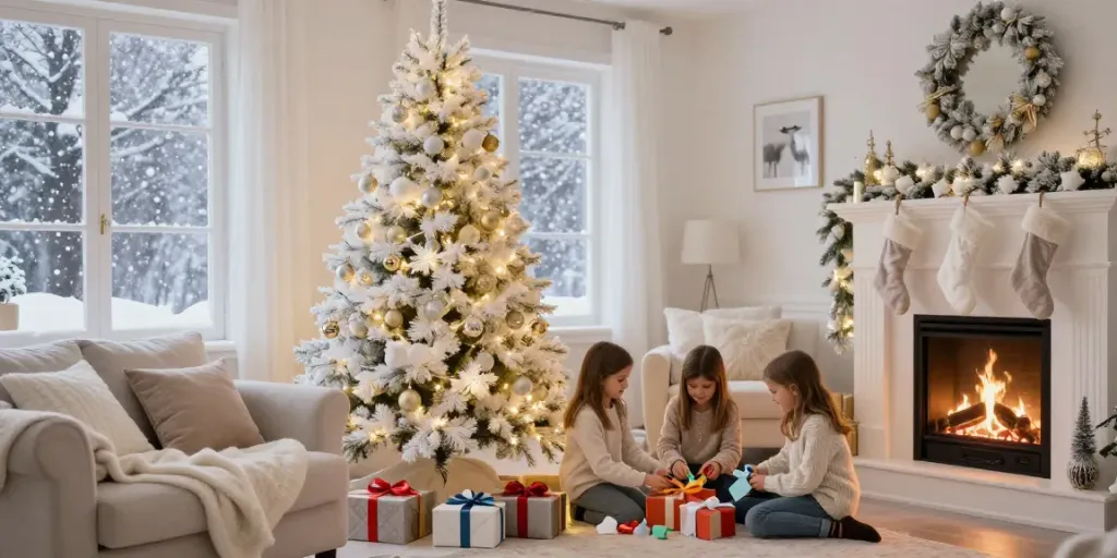 Festively decorated white tree xmas in cozy living room with family preparing gifts.