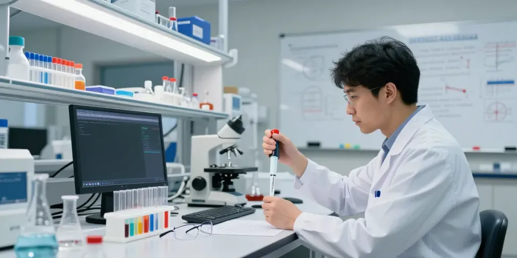 Researcher analyzing SwissChem peptides in a modern laboratory.