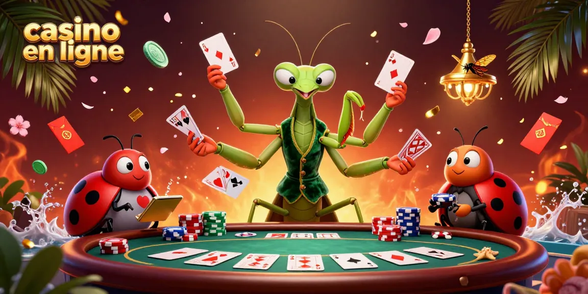 Illustration vibrante de casino en ligne avec un mante religieuse joueur de cartes et une coccinelle gérant le jeu.