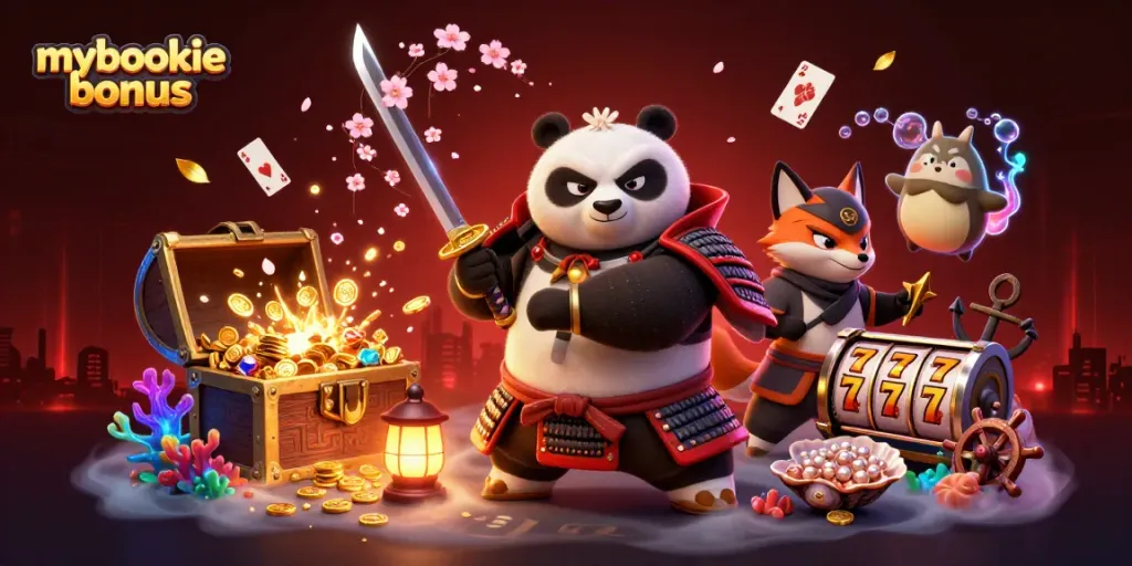 Engage with the mybookie bonus in a dynamic casino scene featuring samurai panda and friends.