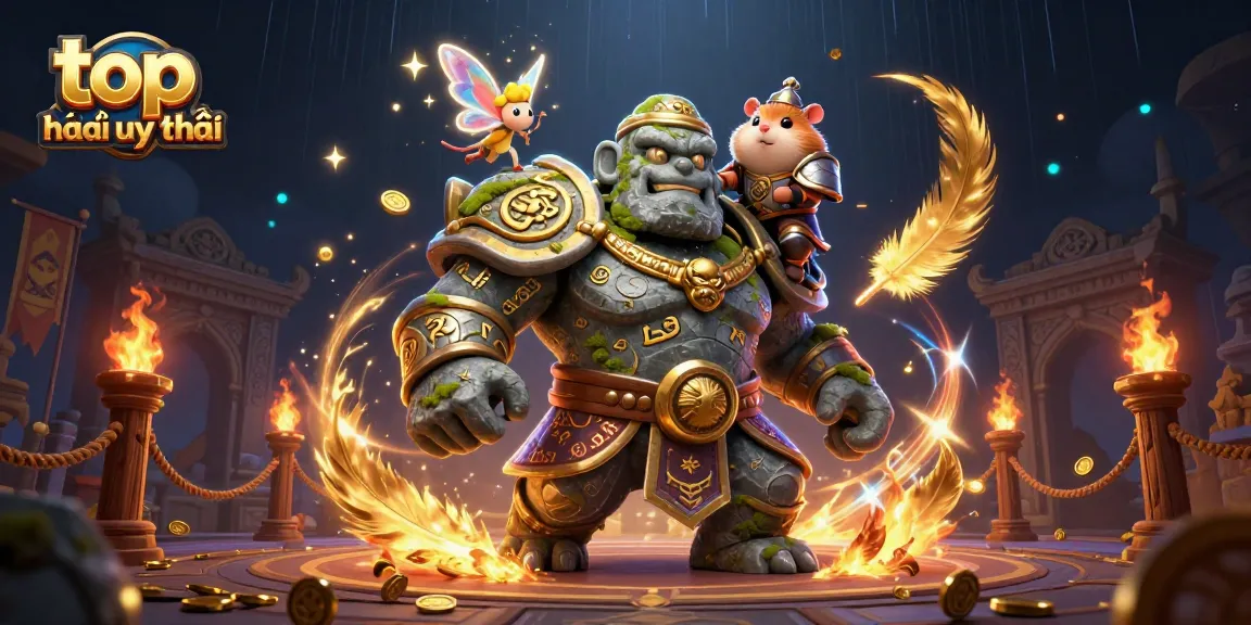 Play and win at top nhà cái uy tín with magical guardians and winning elements surrounding them in a vibrant scene.