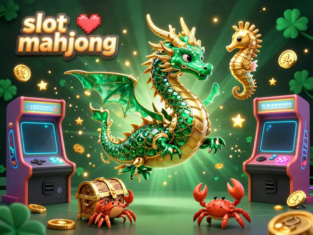 Experience the excitement of slot mahjong with a vibrant sea dragon and arcade elements in this illustration.