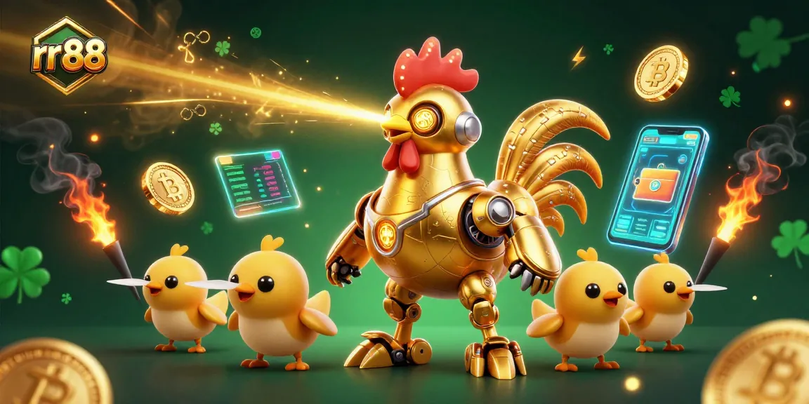 Experience thrilling gameplay at rr 88 with golden rooster robot and baby chick drones exploring vibrant casino elements.