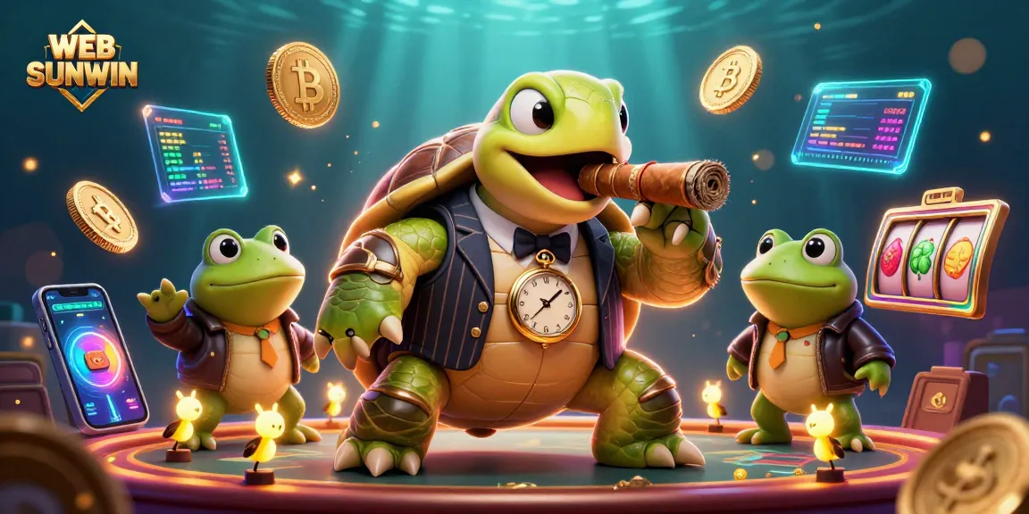 Experience WEB SUNWIN with lively casino elements featuring a 3D turtle and vibrant slot machines.