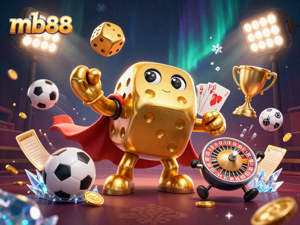 mb88 offers winning strategies with a golden dice golem and dynamic sports elements illustration.
