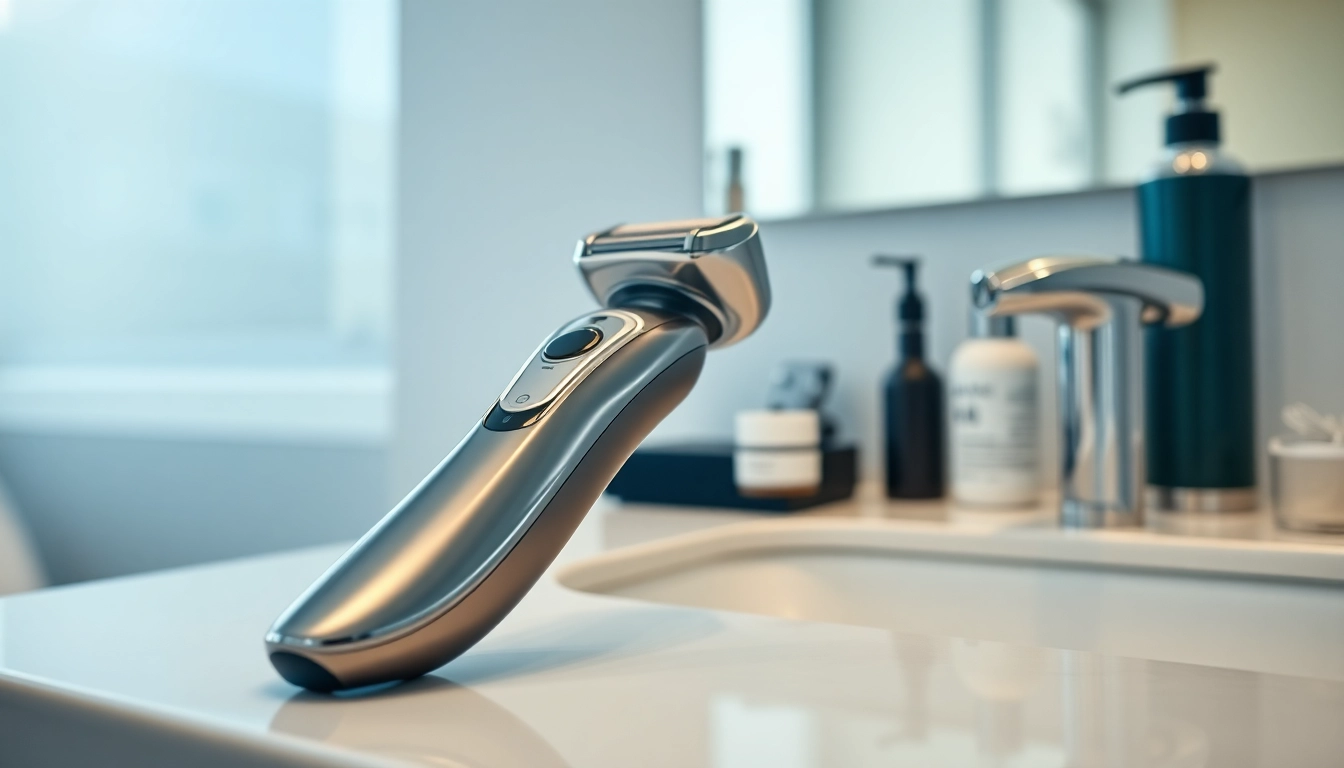 Experience precision with the one blade electric shaver resting on a stylish bathroom counter.