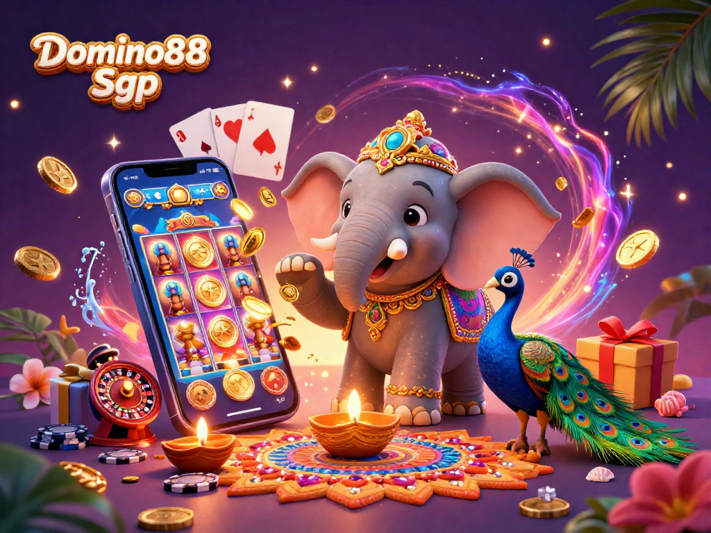 Experience thrilling gameplay at Domino88 Sgp with a vibrant casino scene featuring a 3D elephant and gaming elements.