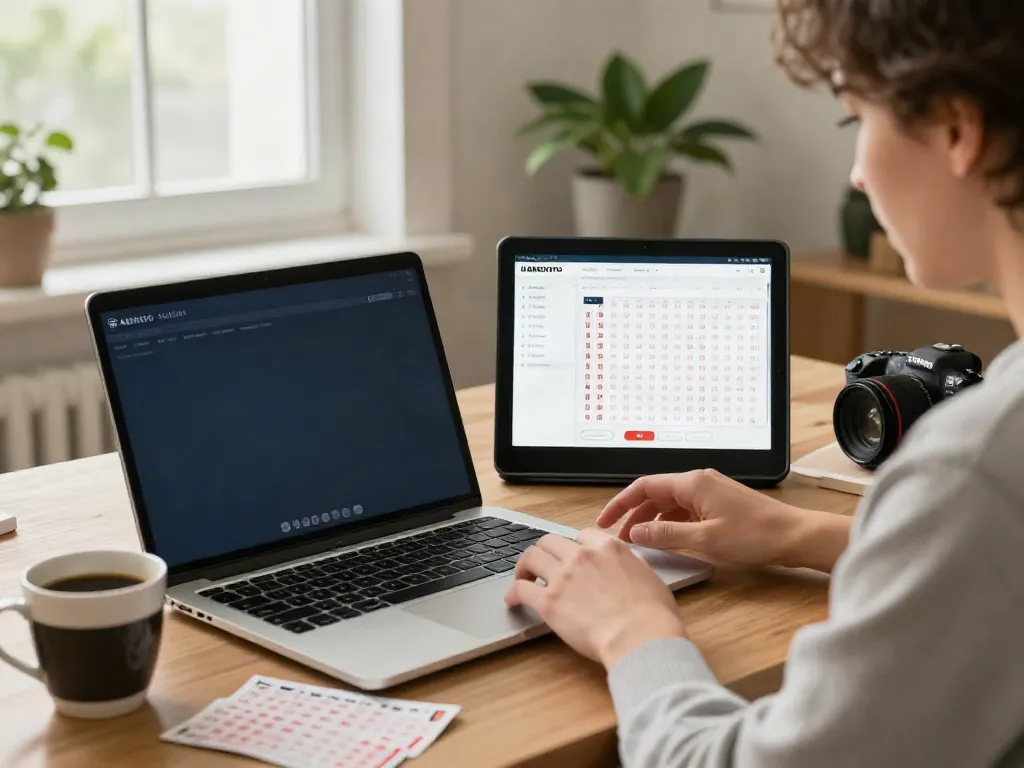 Engaged user on HARGATOTO lottery platform, focused on laptop, with smartphone alerts and cozy home office vibe.