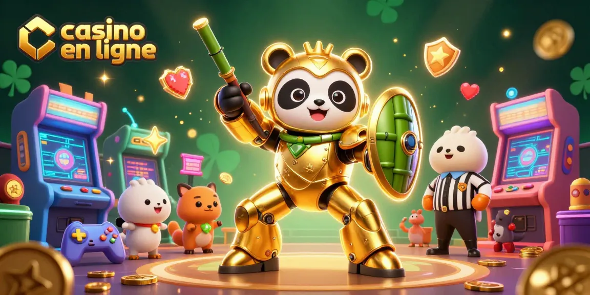 Découvrez une illustration d'un panda doré en mech dans un casino en ligne vibrant.