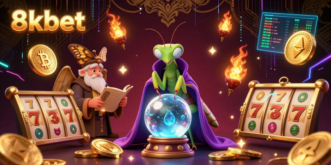 Experience the excitement of 8kbet casino with vibrant visuals of gaming elements and mystical characters.