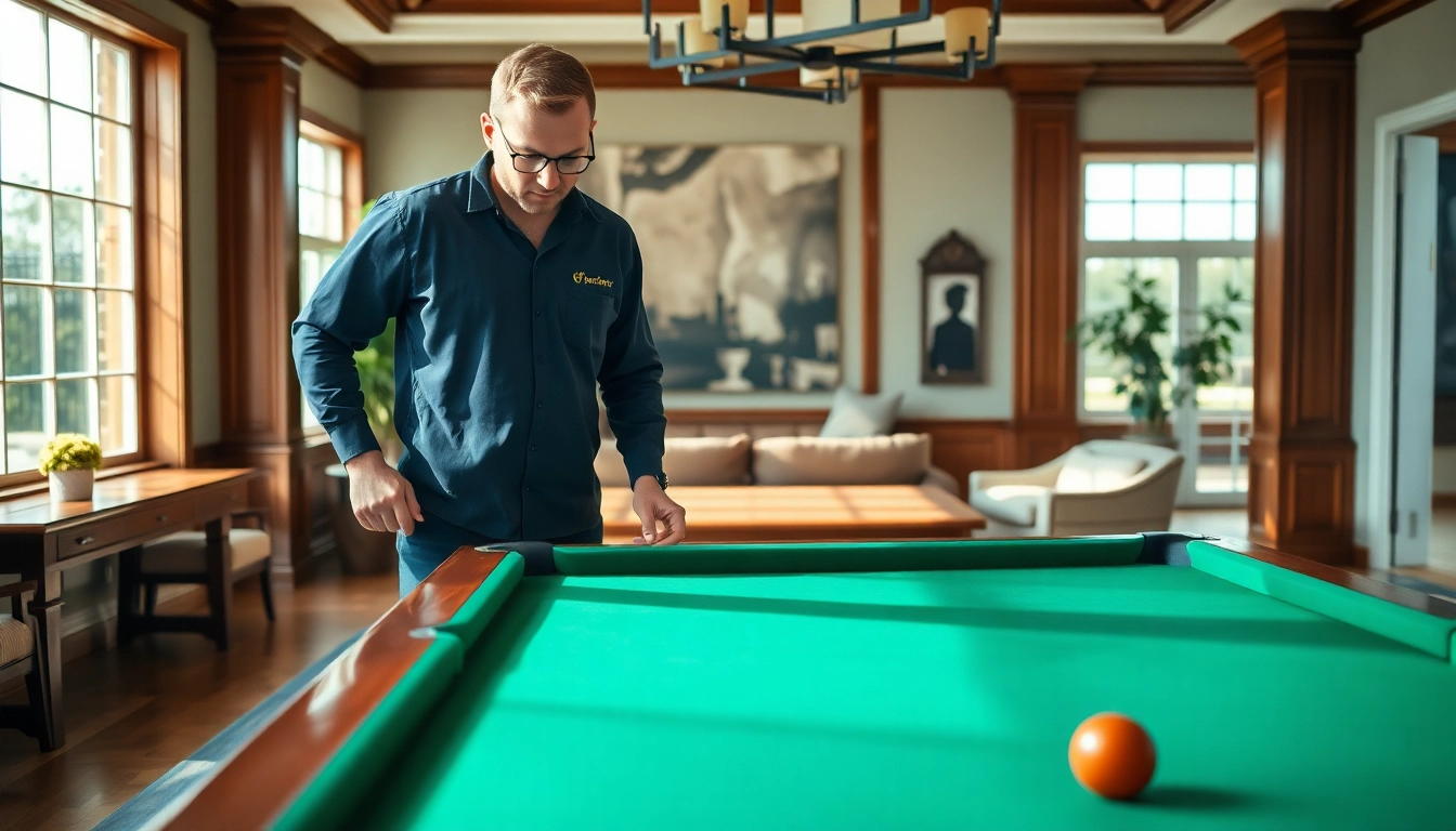 Pool table mover carefully disassembling a slate pool table in a brightly lit game room.