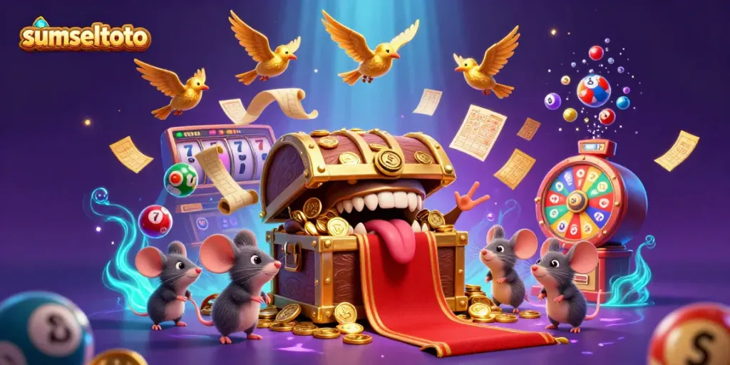 Sumseltoto treasure chest illustration luring adventurer mice with casino riches and bonus elements.