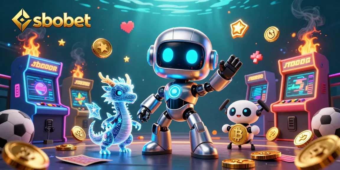 Bet on sbobet with a futuristic gaming scene filled with sports elements and colorful arcade machines.