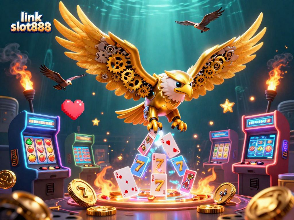 Experience thrilling wins with link slot888 in this 3D casino scene, featuring vibrant game elements.