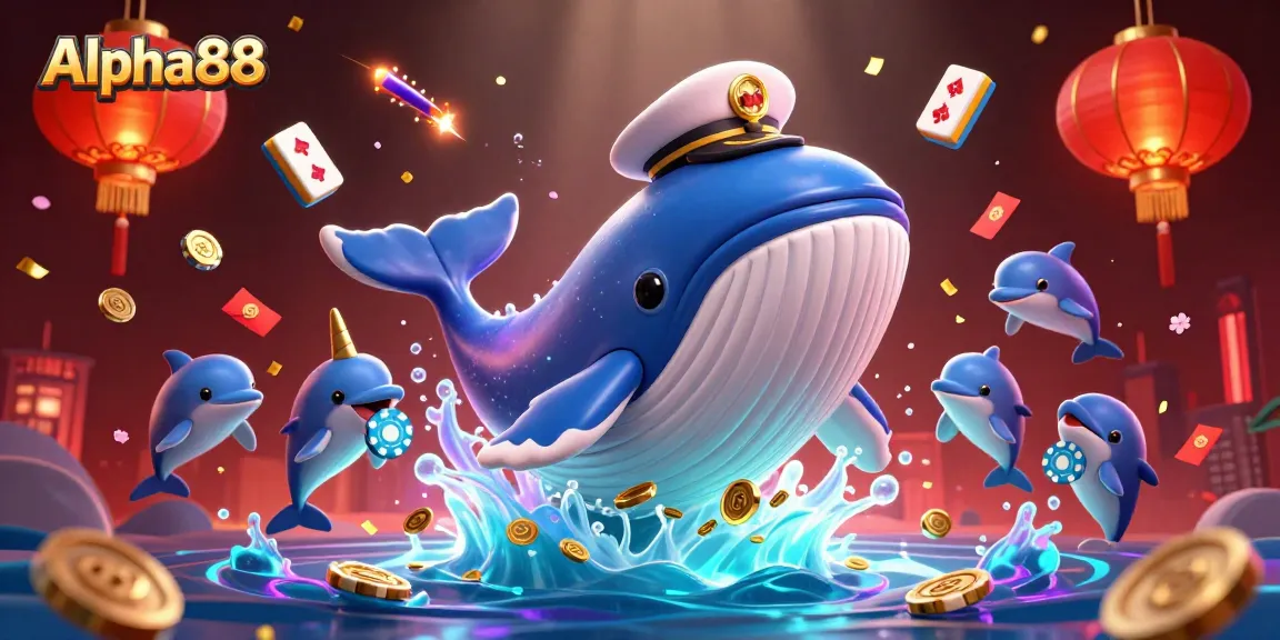 Experience the thrill of Alpha88 with a vivid 3D casino scene featuring playful dolphins and a mighty whale.