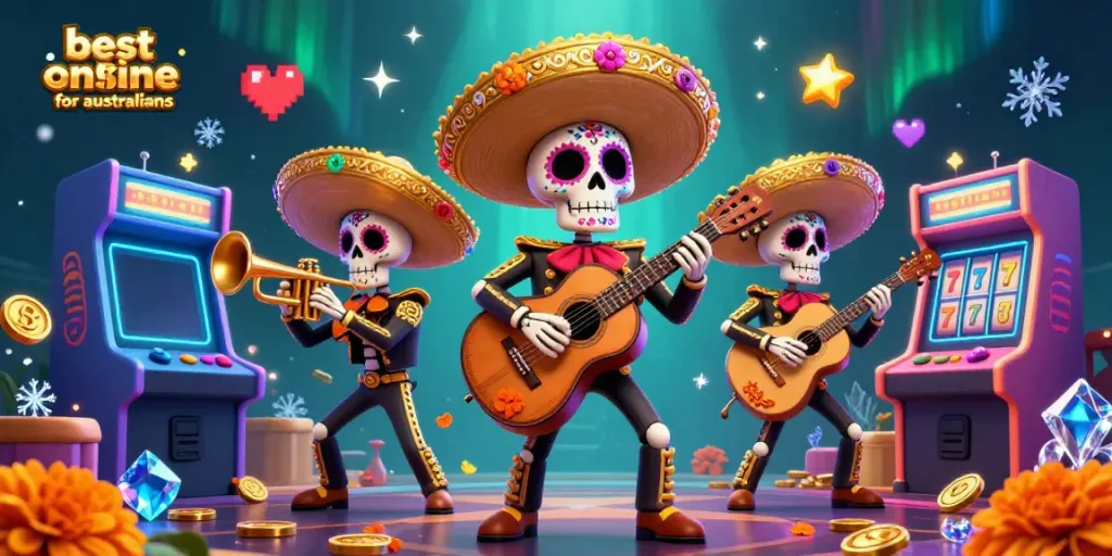 Experience the best online casino for australians with vibrant mariachi and arcade elements in a 3D illustration.