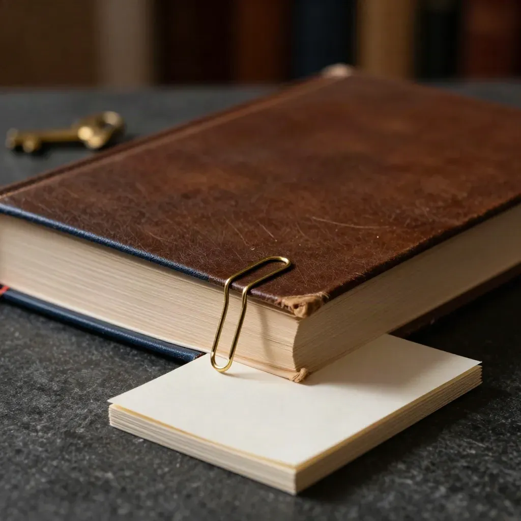 Half-open reference book, brass paper clip, and blank cards on dark stone in dramatic light.