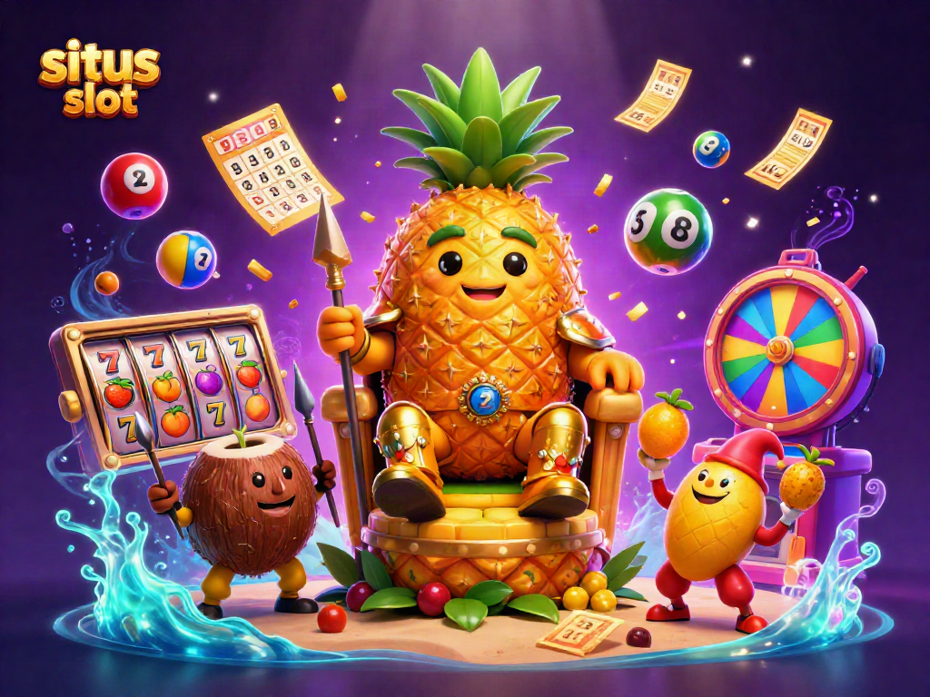 Experience the thrill of situs slot with a vibrant 3D scene featuring a golden pineapple king and dynamic casino elements.