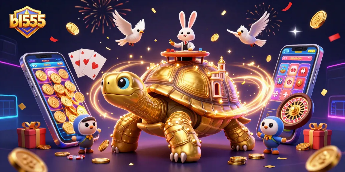 Engage with thrilling action at bl555 featuring a golden tortoise casino, dealers, and lucky coin birds!