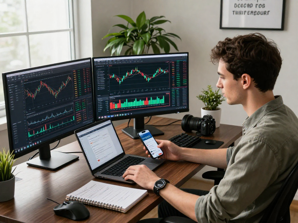 Trader analizando gráficos de Immediate Edge en su oficina moderna y luminosa