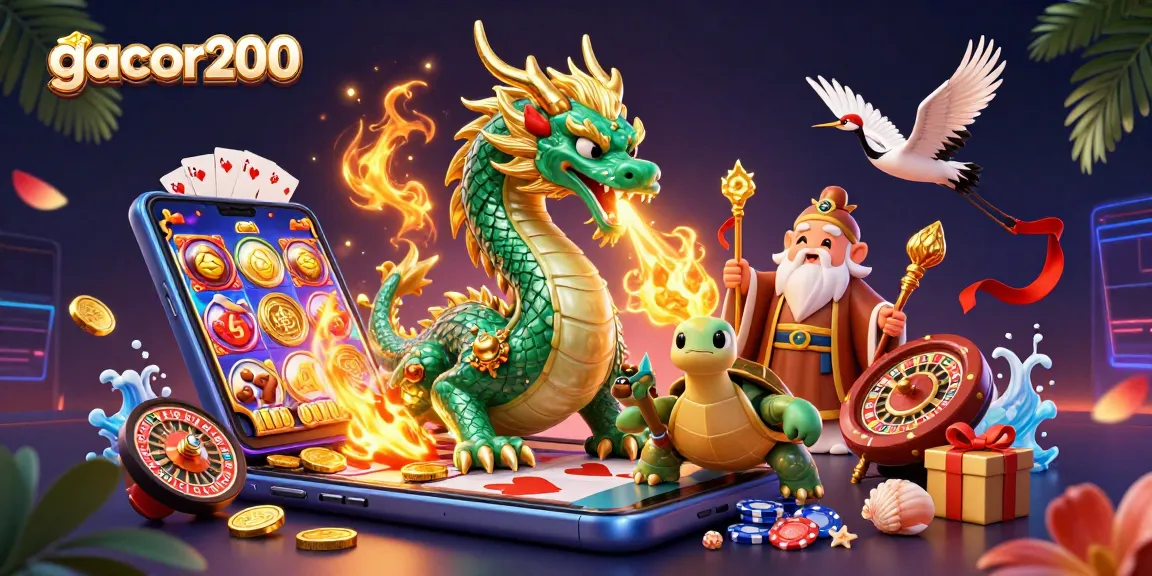 Gacor200 menghadirkan aksi mengesankan dengan naga jade, permainan slot, dan karakter beruntung di ilustrasi kasino