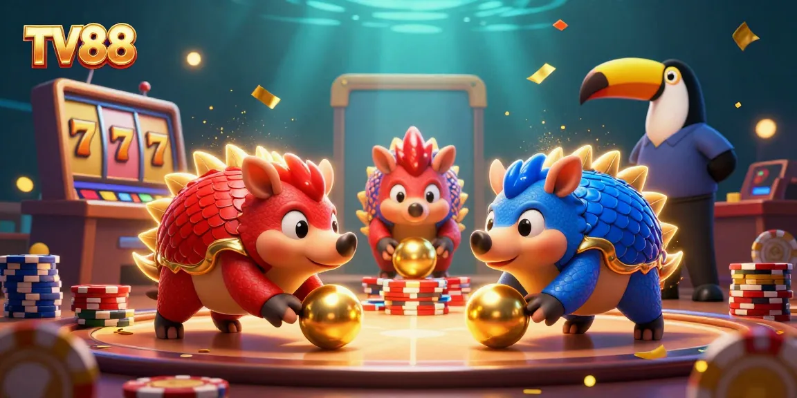 Experience thrilling slots at TV88 with festive pangolins, poker chips, and shining reels!