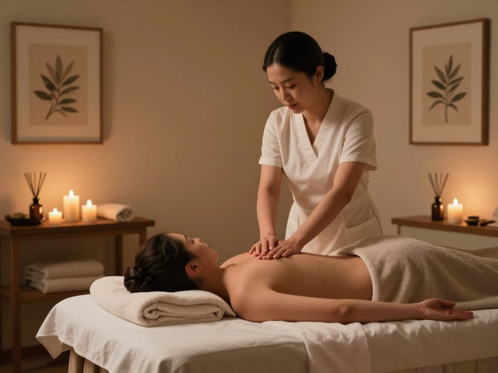 스웨디시 마사지 받는 모습, 편안한 스파 공간에서 자연 요소와 함께 치유의 순간을 표현합니다.